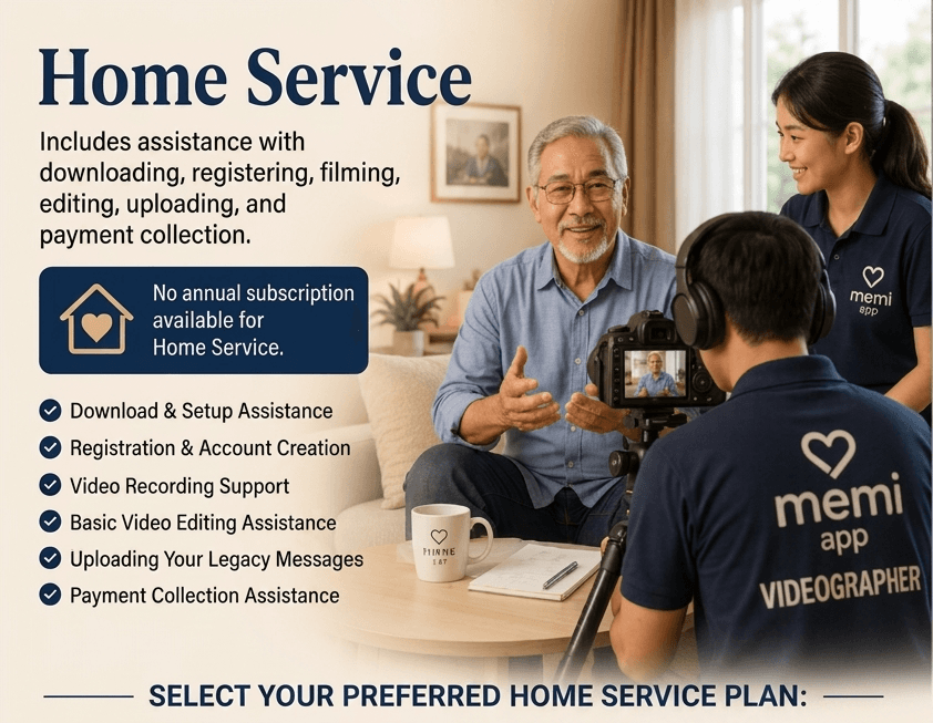 Home Service. Includes assistance with downloading, registering, filming, editing, uploading, and payment collection. No annual subscription available for Home Service. Download and setup, registration and account creation, video recording support, basic video editing, uploading legacy messages, payment collection assistance.